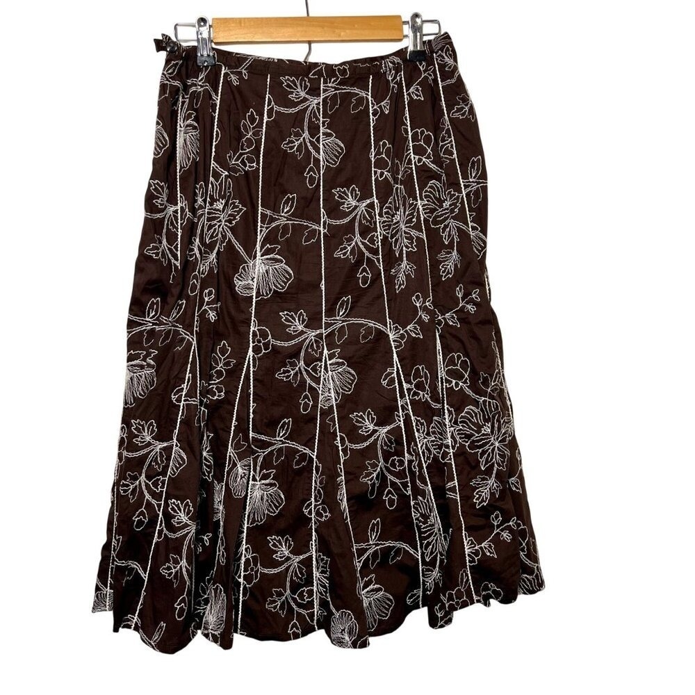 Vintage Midi Skirt Petite 10P Brown Embroidered Earthy Nature Botanical Unique